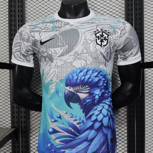 Player Version 2025 Brazil White with Blue Macaw Jersey