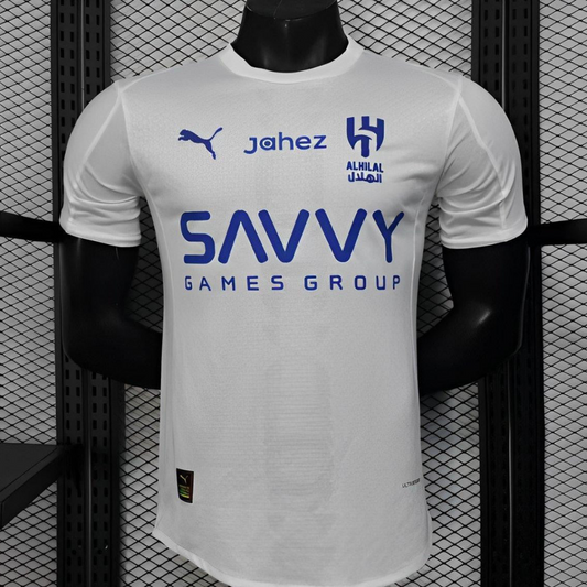 Player Version 25/26 Al-Hilal Away White with Blue Details and SAVVY Games Group Sponsor Jersey