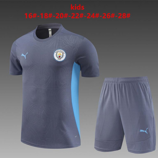 24/25 Kids Manchester City Blue White Short Sleeve Jersey+Shorts
